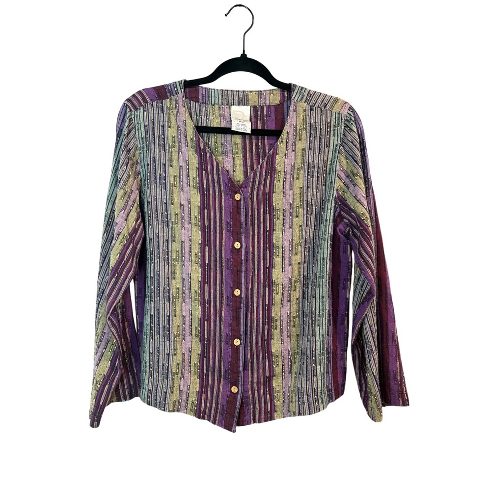 Roaman's Multicolor Striped Button Front Blouse Women 14W Boho Cotton Top